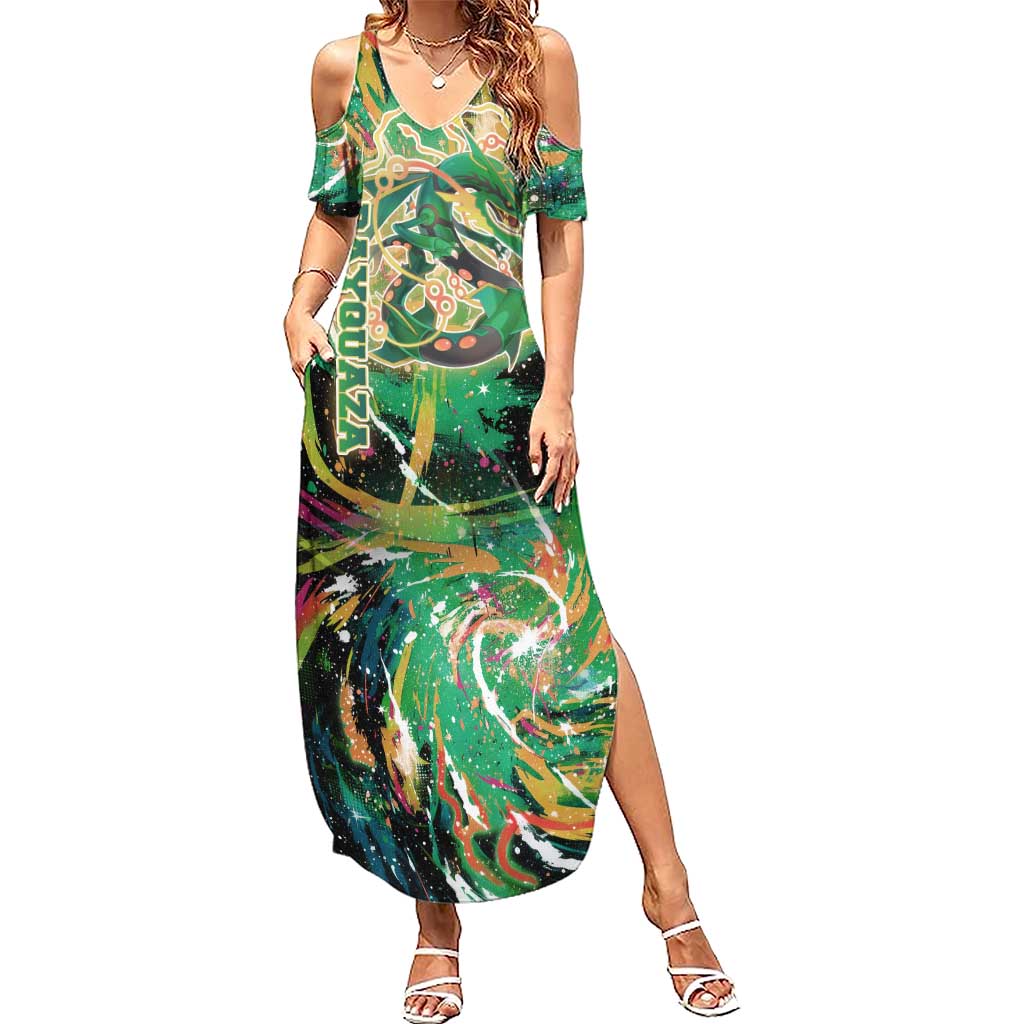 Rayquaza Poké Green Abstract Galaxy Design Summer Maxi Dress Dynamic Swirl Background - The Mazicc