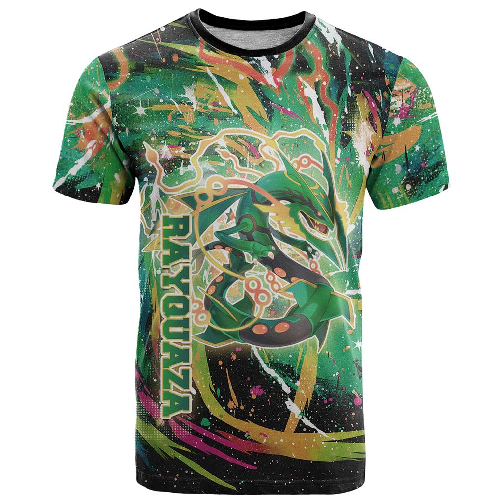 Rayquaza Poké Green Abstract Galaxy Design T Shirt Dynamic Swirl Background - The Mazicc