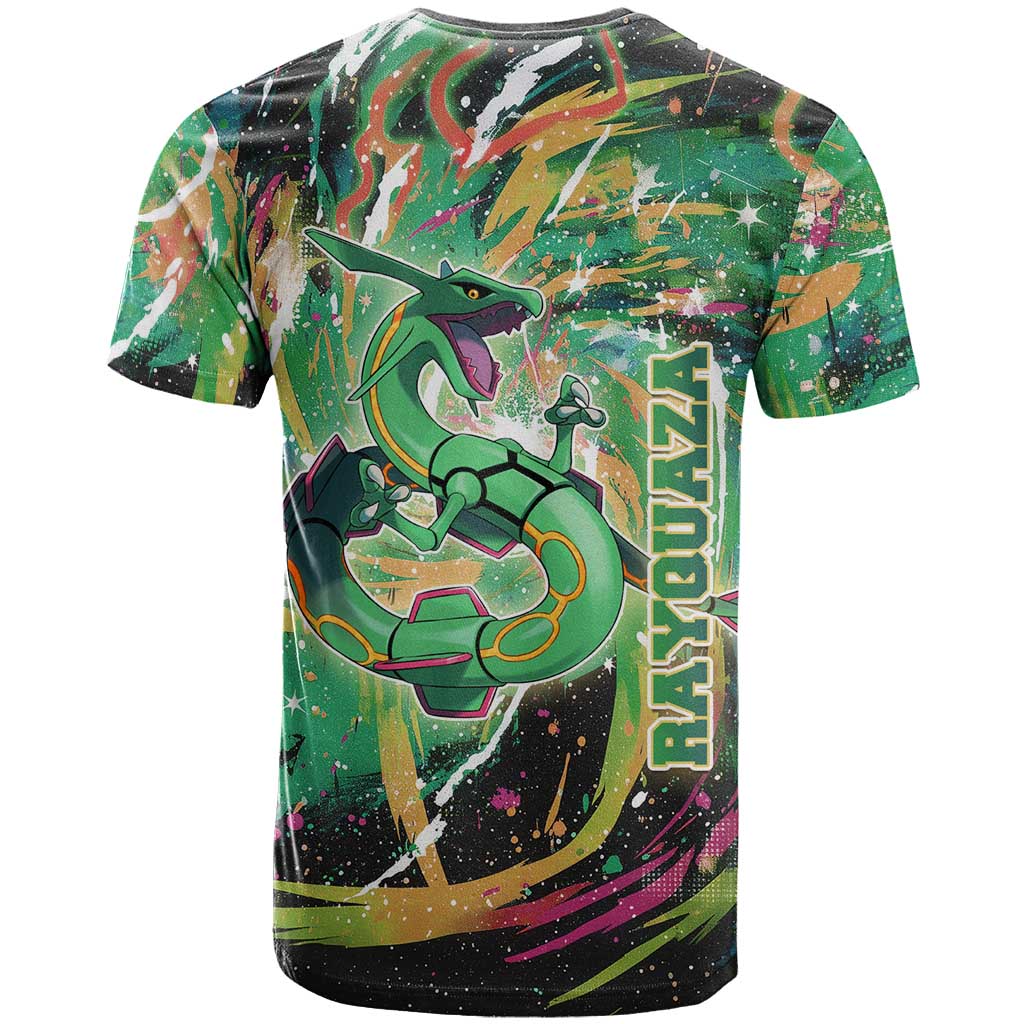 Rayquaza Poké Green Abstract Galaxy Design T Shirt Dynamic Swirl Background - The Mazicc
