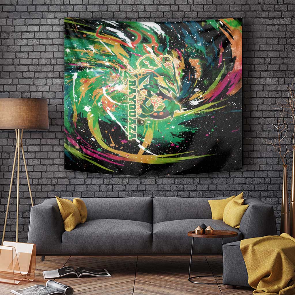 Rayquaza Poké Green Abstract Galaxy Design Tapestry Dynamic Swirl Background - The Mazicc