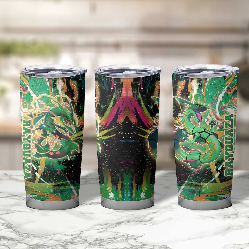 Rayquaza Poké Green Abstract Galaxy Design Tumbler Cup Dynamic Swirl Background - The Mazicc