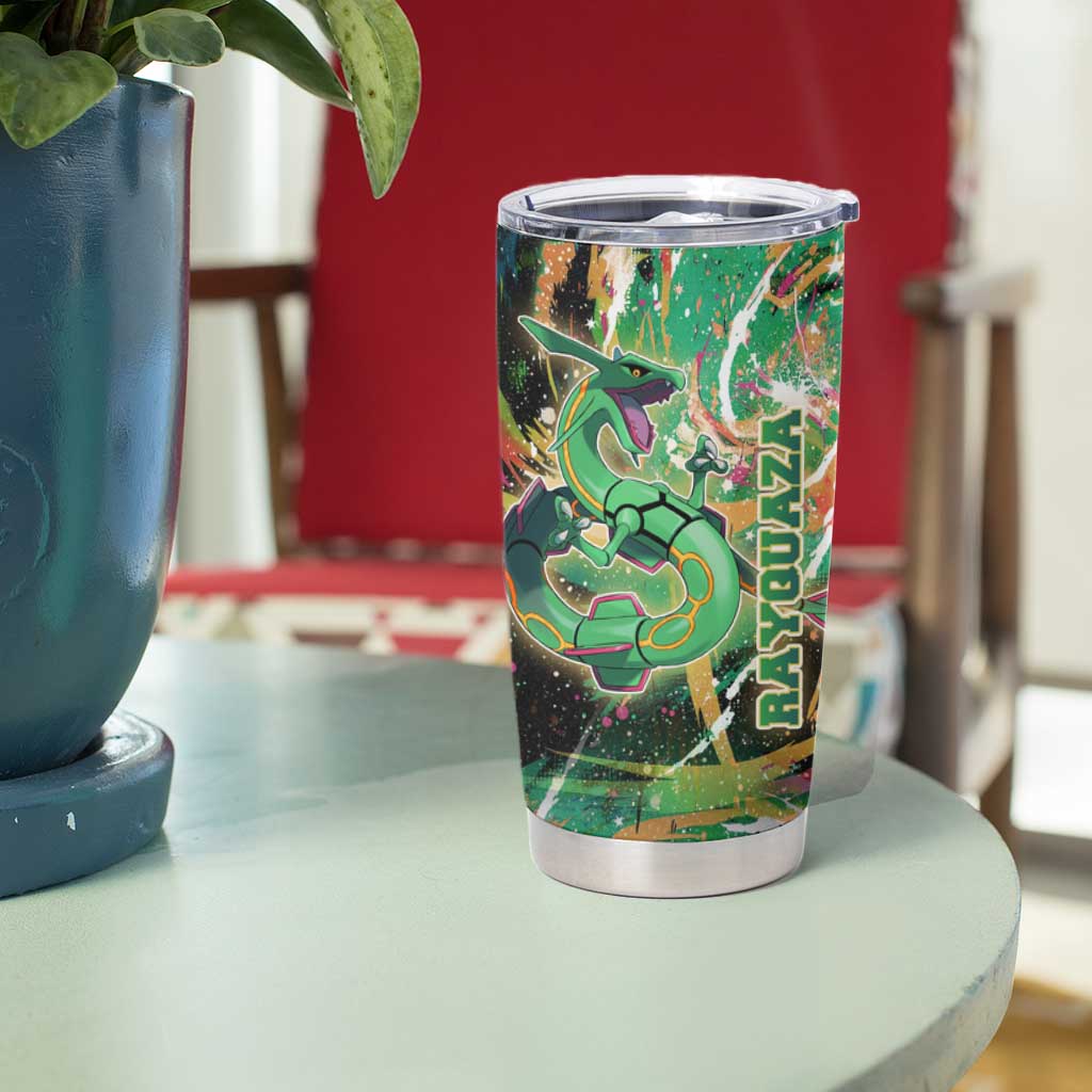 Rayquaza Poké Green Abstract Galaxy Design Tumbler Cup Dynamic Swirl Background - The Mazicc