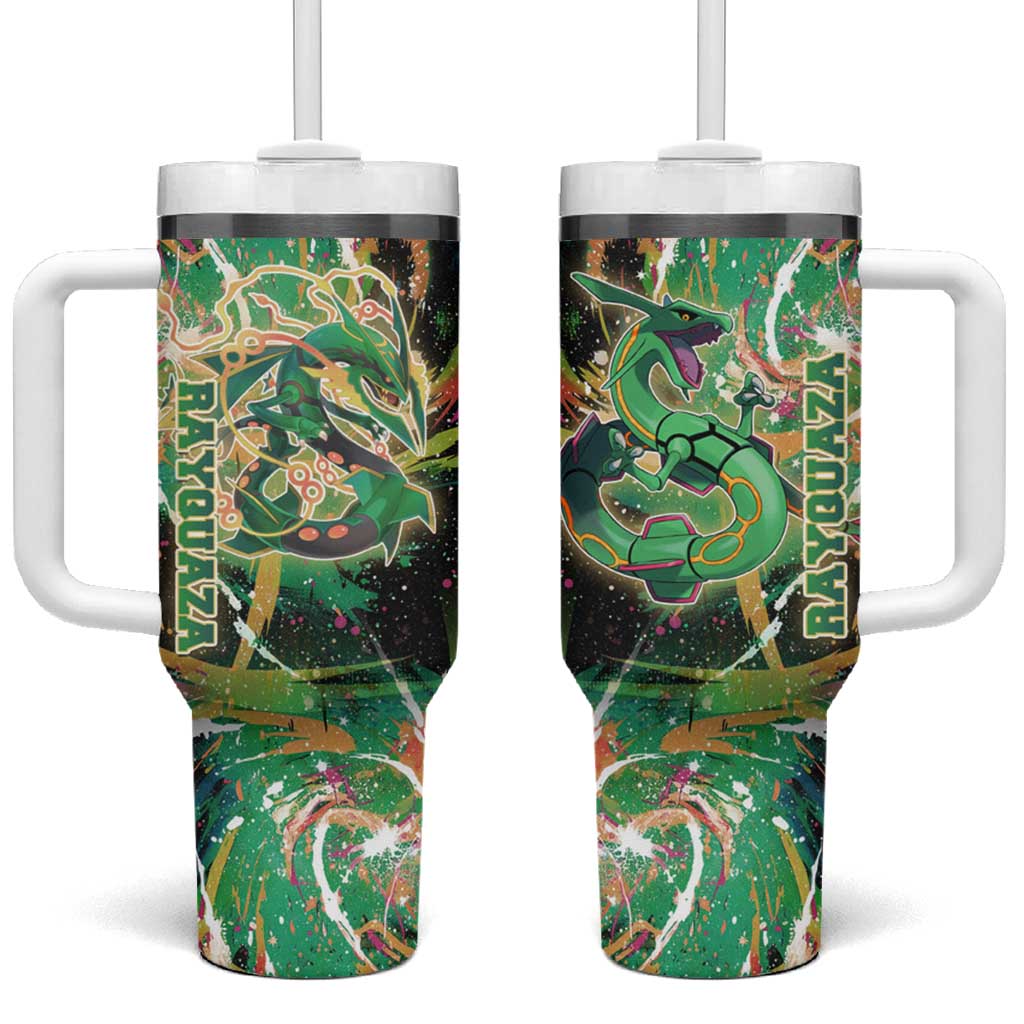 Rayquaza Poké Green Abstract Galaxy Design Tumbler With Handle Dynamic Swirl Background - The Mazicc