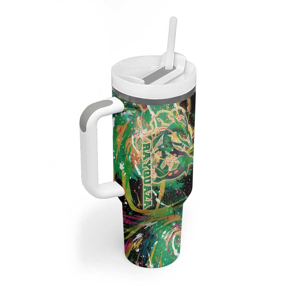 Rayquaza Poké Green Abstract Galaxy Design Tumbler With Handle Dynamic Swirl Background - The Mazicc