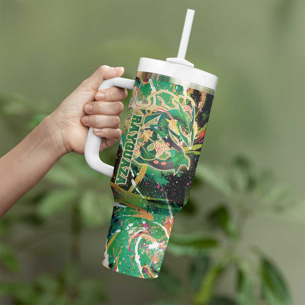 Rayquaza Poké Green Abstract Galaxy Design Tumbler With Handle Dynamic Swirl Background - The Mazicc