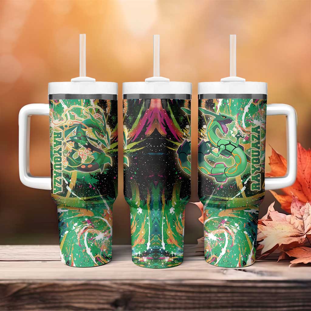 Rayquaza Poké Green Abstract Galaxy Design Tumbler With Handle Dynamic Swirl Background - The Mazicc
