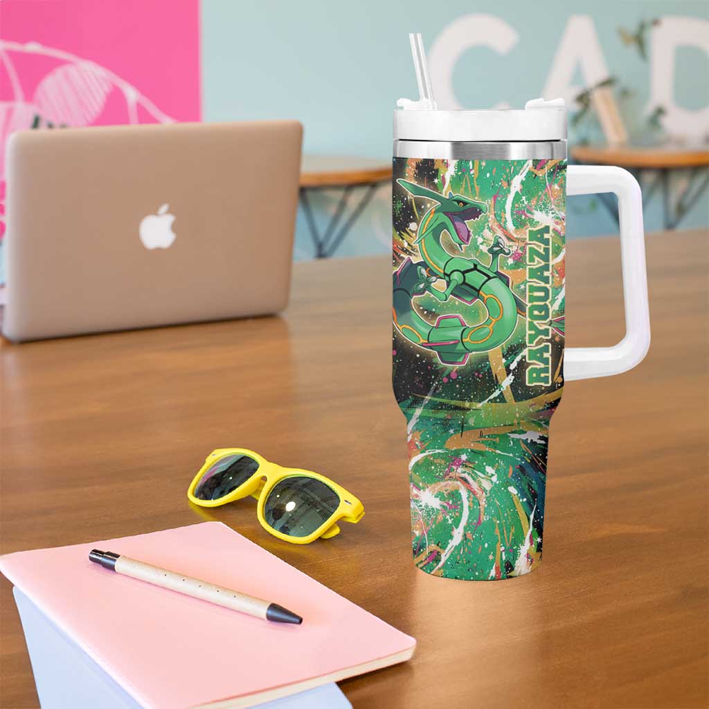 Rayquaza Poké Green Abstract Galaxy Design Tumbler With Handle Dynamic Swirl Background - The Mazicc