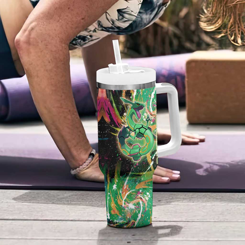 Rayquaza Poké Green Abstract Galaxy Design Tumbler With Handle Dynamic Swirl Background - The Mazicc