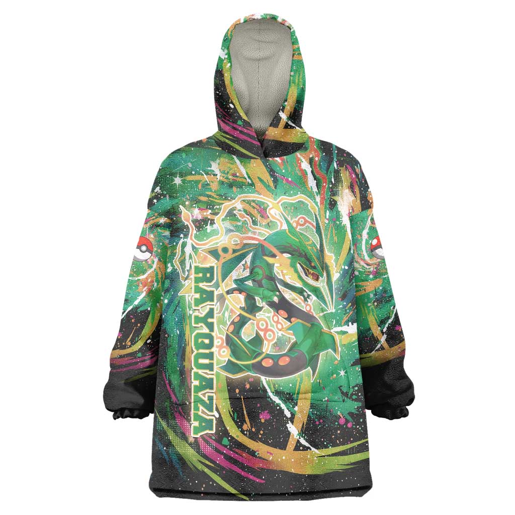 Rayquaza Poké Green Abstract Galaxy Design Wearable Blanket Hoodie Dynamic Swirl Background - The Mazicc