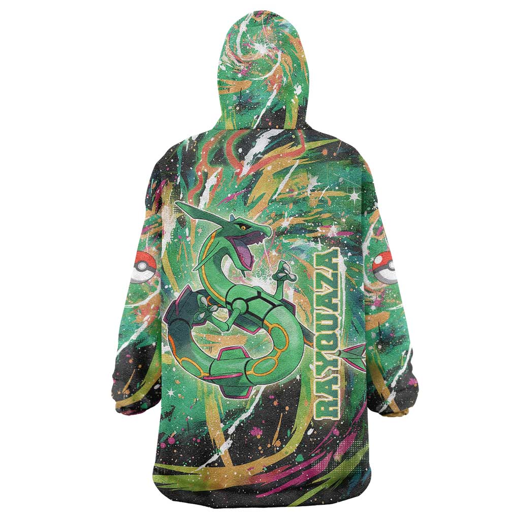 Rayquaza Poké Green Abstract Galaxy Design Wearable Blanket Hoodie Dynamic Swirl Background - The Mazicc