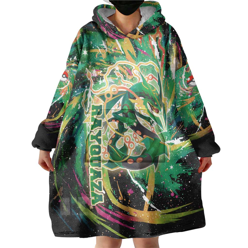 Rayquaza Poké Green Abstract Galaxy Design Wearable Blanket Hoodie Dynamic Swirl Background - The Mazicc