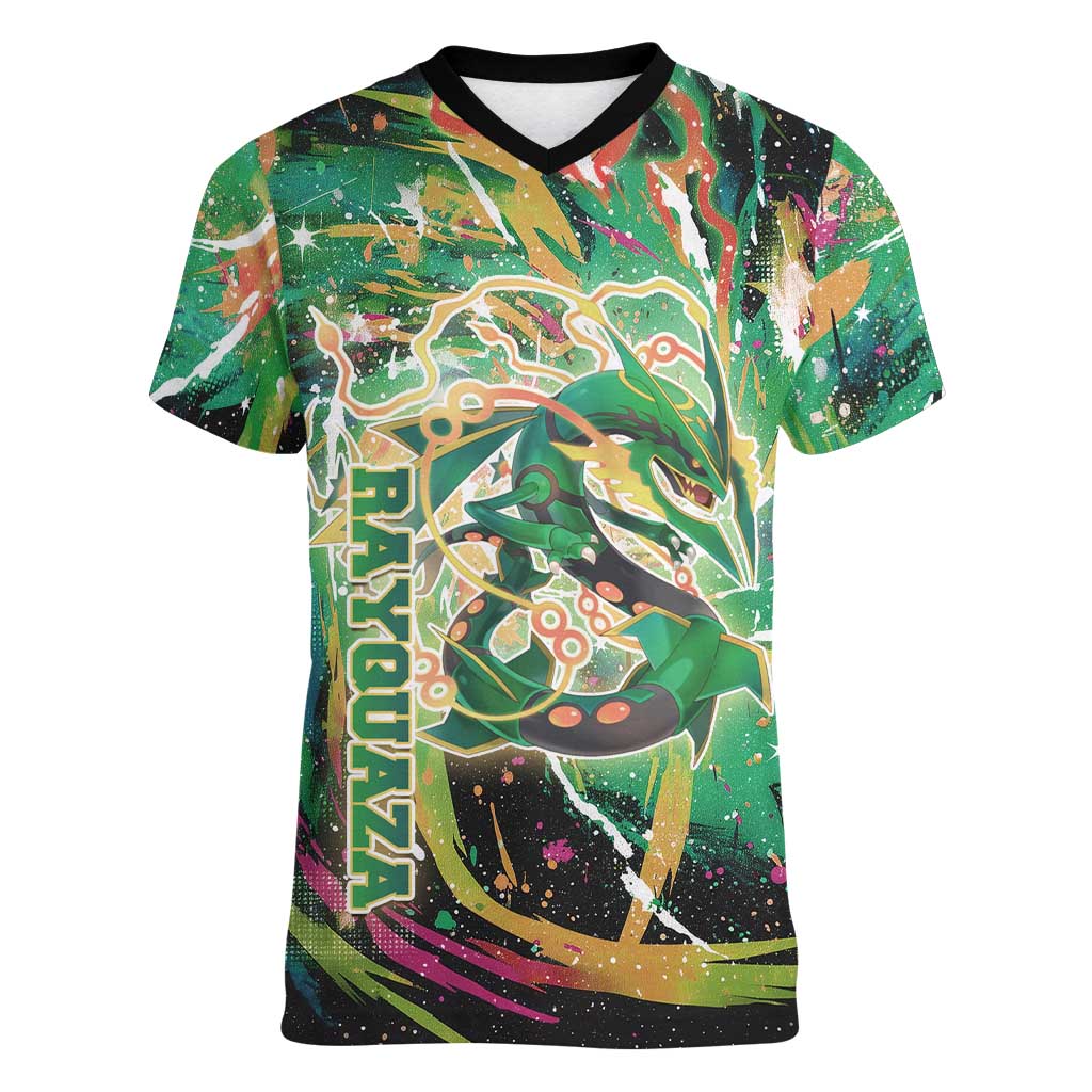 Rayquaza Poké Green Abstract Galaxy Design Women V-Neck T-Shirt Dynamic Swirl Background - The Mazicc