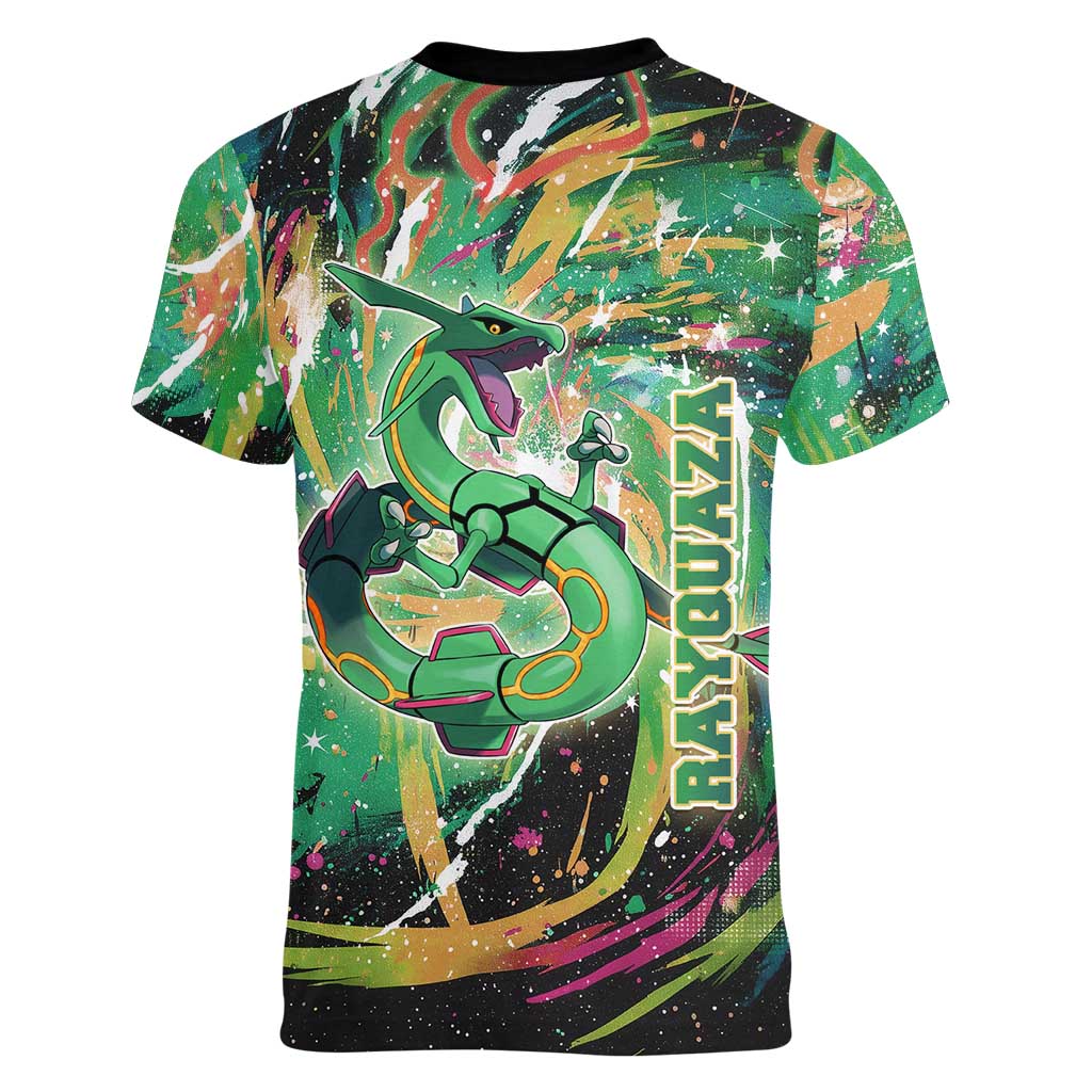 Rayquaza Poké Green Abstract Galaxy Design Women V-Neck T-Shirt Dynamic Swirl Background - The Mazicc