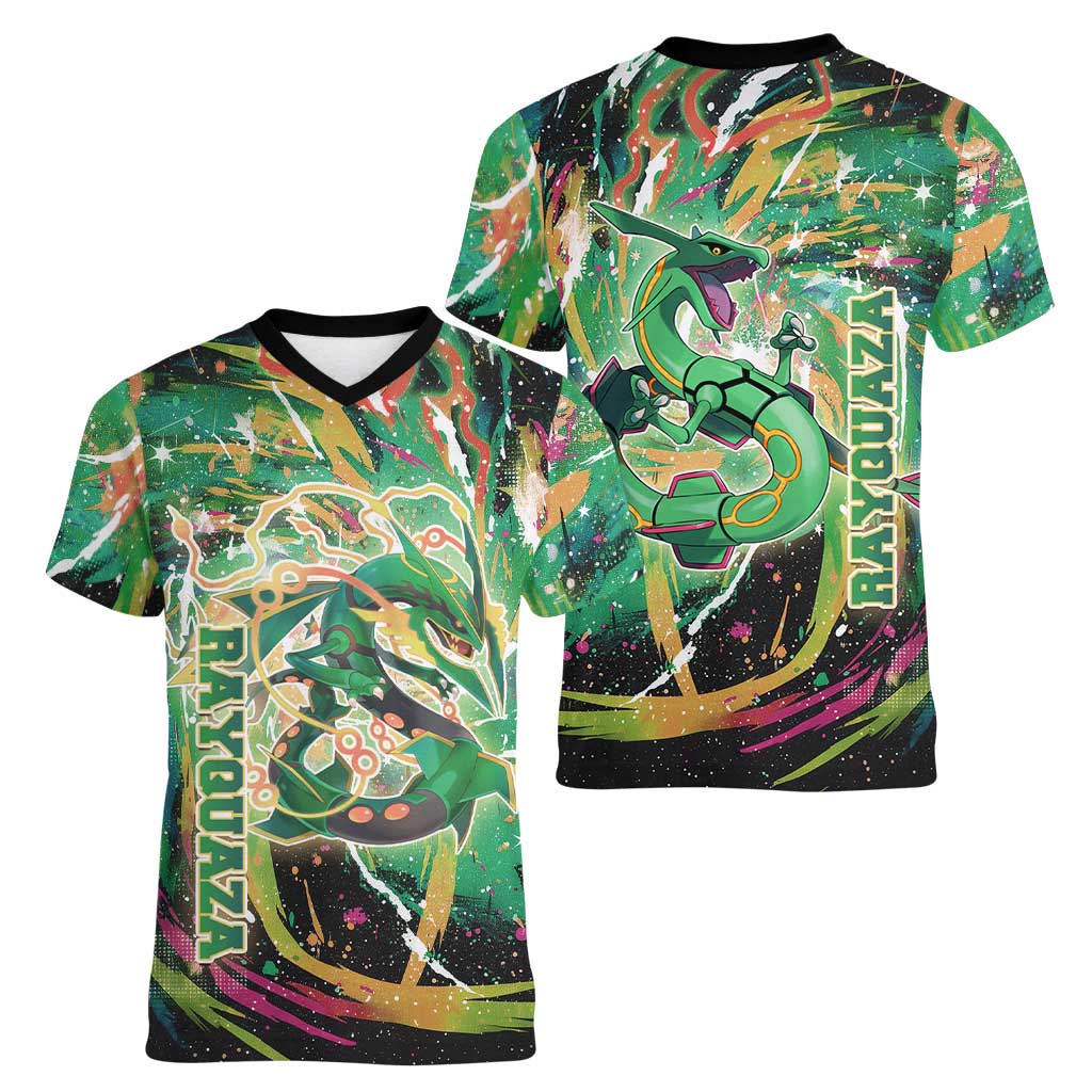 Rayquaza Poké Green Abstract Galaxy Design Women V-Neck T-Shirt Dynamic Swirl Background - The Mazicc