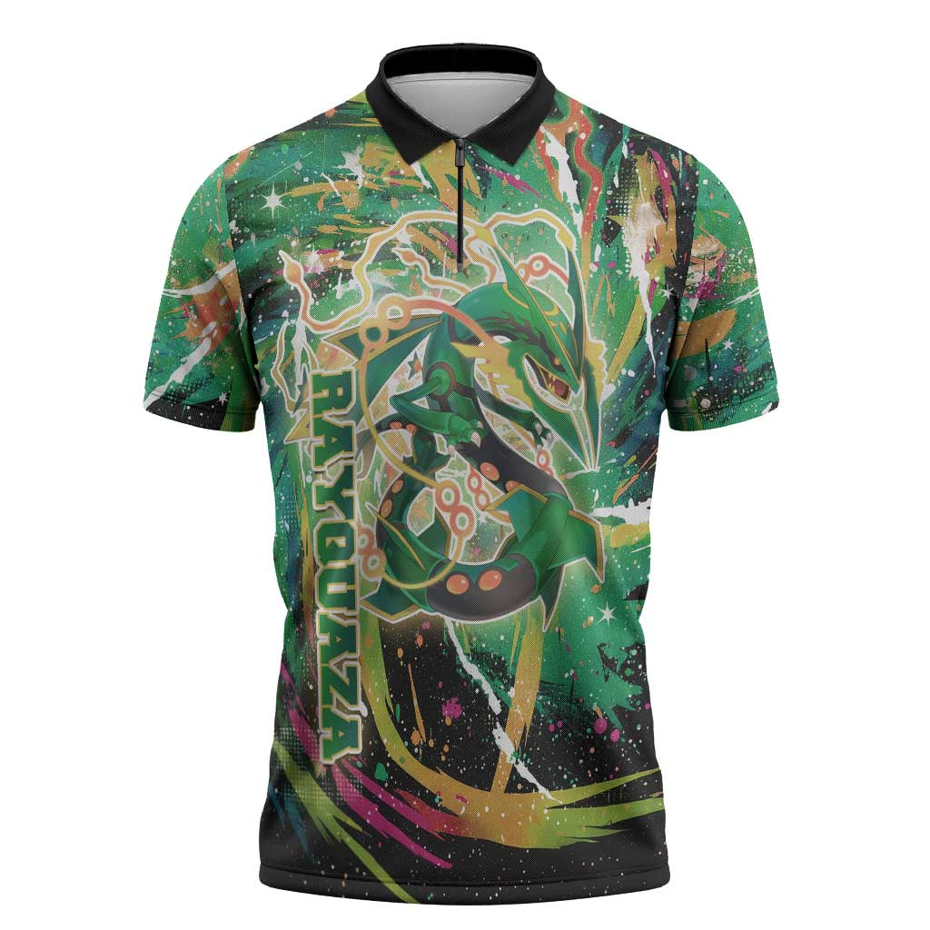 Rayquaza Poké Green Abstract Galaxy Design Zipper Polo Shirt Dynamic Swirl Background - The Mazicc