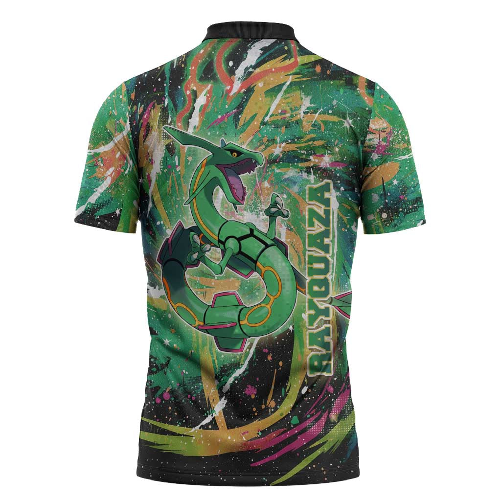 Rayquaza Poké Green Abstract Galaxy Design Zipper Polo Shirt Dynamic Swirl Background - The Mazicc