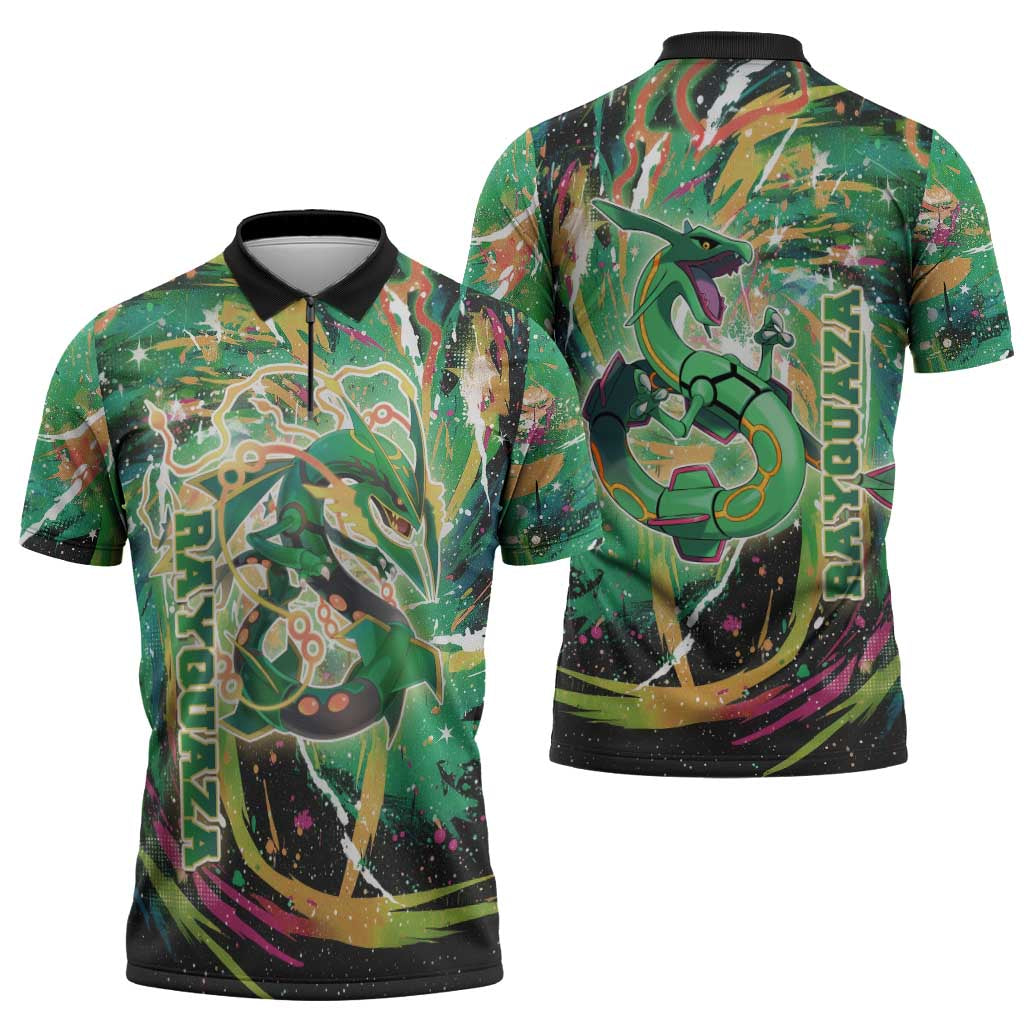 Rayquaza Poké Green Abstract Galaxy Design Zipper Polo Shirt Dynamic Swirl Background - The Mazicc