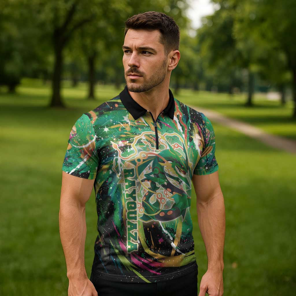 Rayquaza Poké Green Abstract Galaxy Design Zipper Polo Shirt Dynamic Swirl Background - The Mazicc