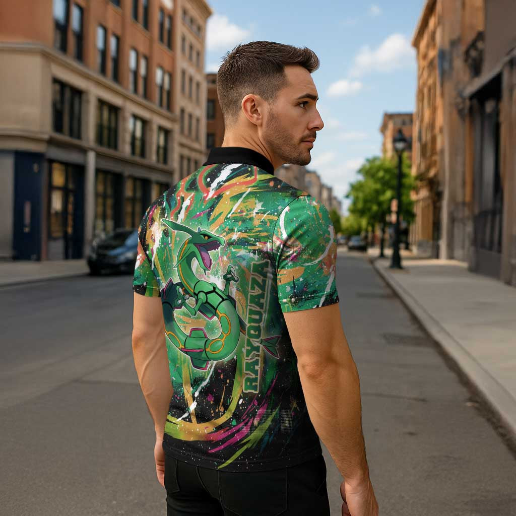 Rayquaza Poké Green Abstract Galaxy Design Zipper Polo Shirt Dynamic Swirl Background - The Mazicc