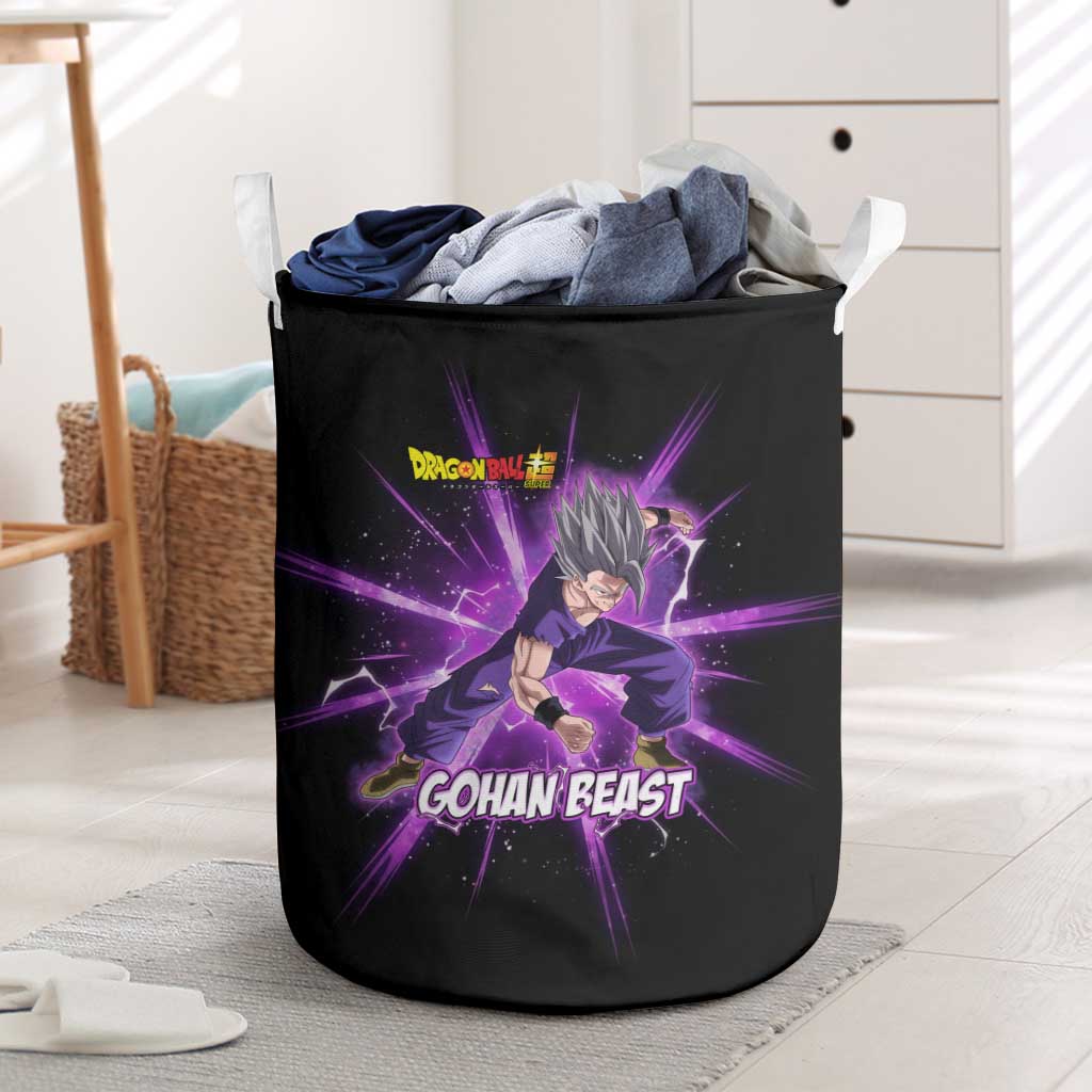 Gohan Beast Dragon Ball Super Anime Purple Lightning Aura Design Laundry Basket with Dynamic Power Pose and Energy Burst Background - The Mazicc