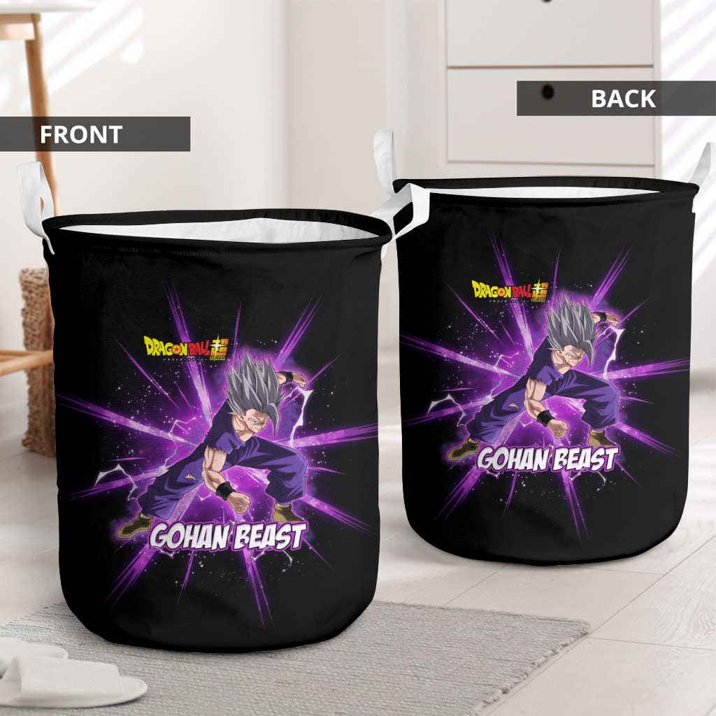 Gohan Beast Dragon Ball Super Anime Purple Lightning Aura Design Laundry Basket with Dynamic Power Pose and Energy Burst Background - The Mazicc