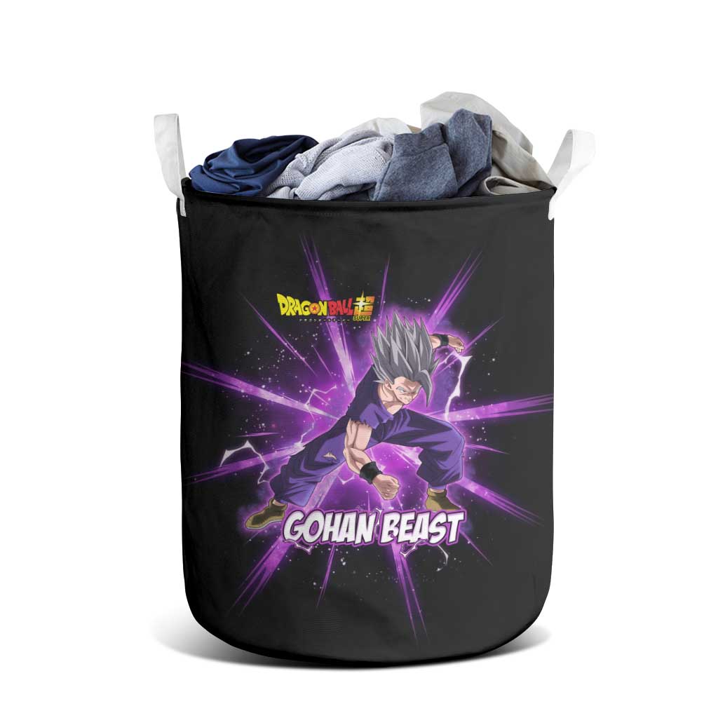 Gohan Beast Dragon Ball Super Anime Purple Lightning Aura Design Laundry Basket with Dynamic Power Pose and Energy Burst Background - The Mazicc