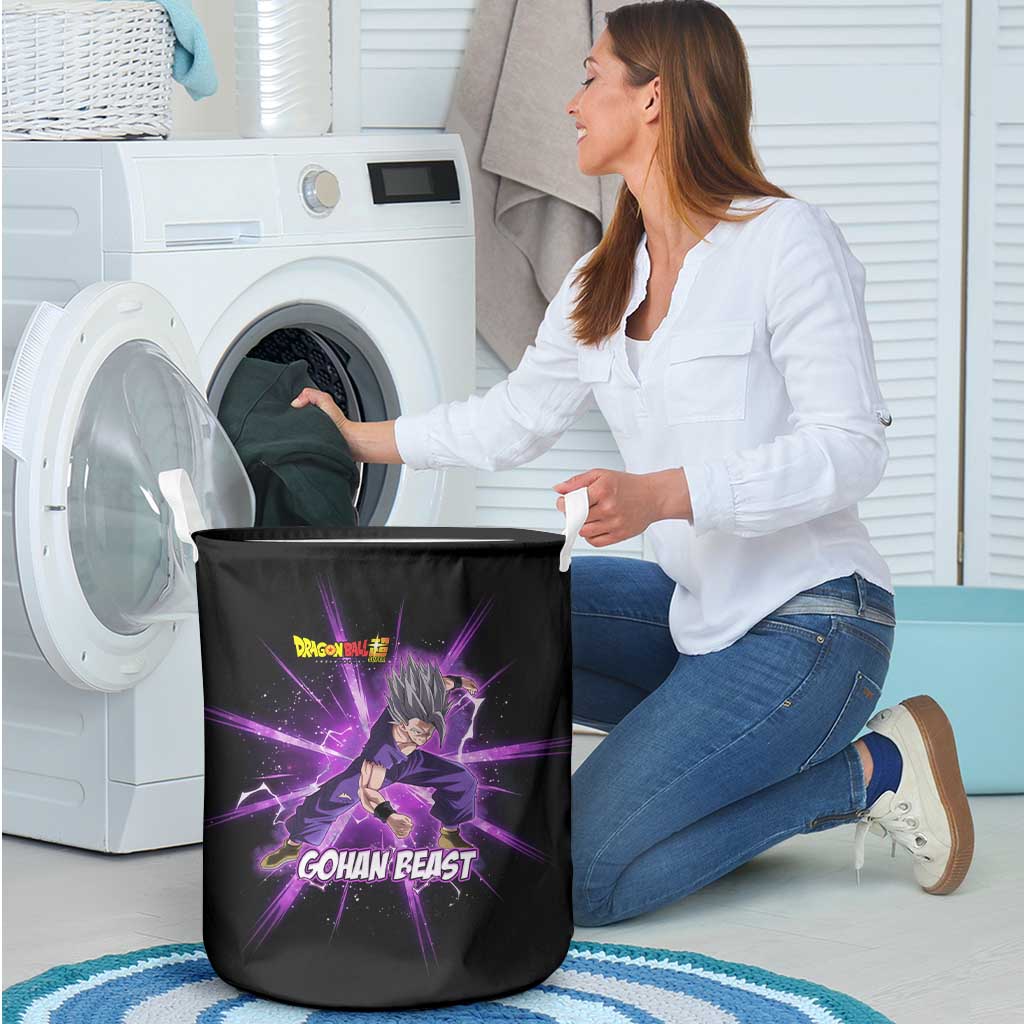 Gohan Beast Dragon Ball Super Anime Purple Lightning Aura Design Laundry Basket with Dynamic Power Pose and Energy Burst Background - The Mazicc