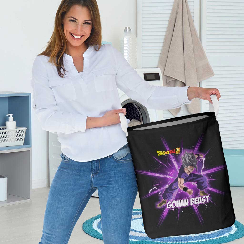 Gohan Beast Dragon Ball Super Anime Purple Lightning Aura Design Laundry Basket with Dynamic Power Pose and Energy Burst Background - The Mazicc