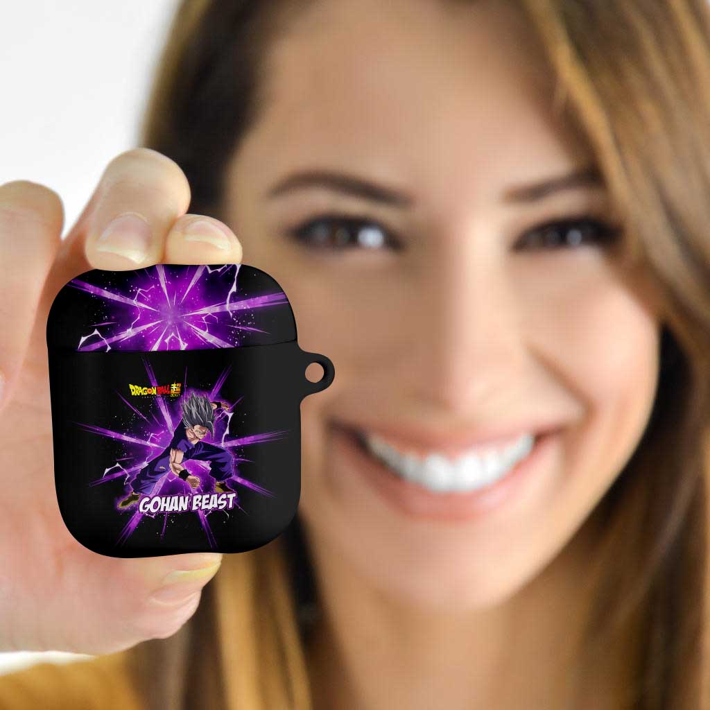 Gohan Beast Dragon Ball Super Anime Purple Lightning Aura Design AirPods Case with Dynamic Power Pose and Energy Burst Background - The Mazicc