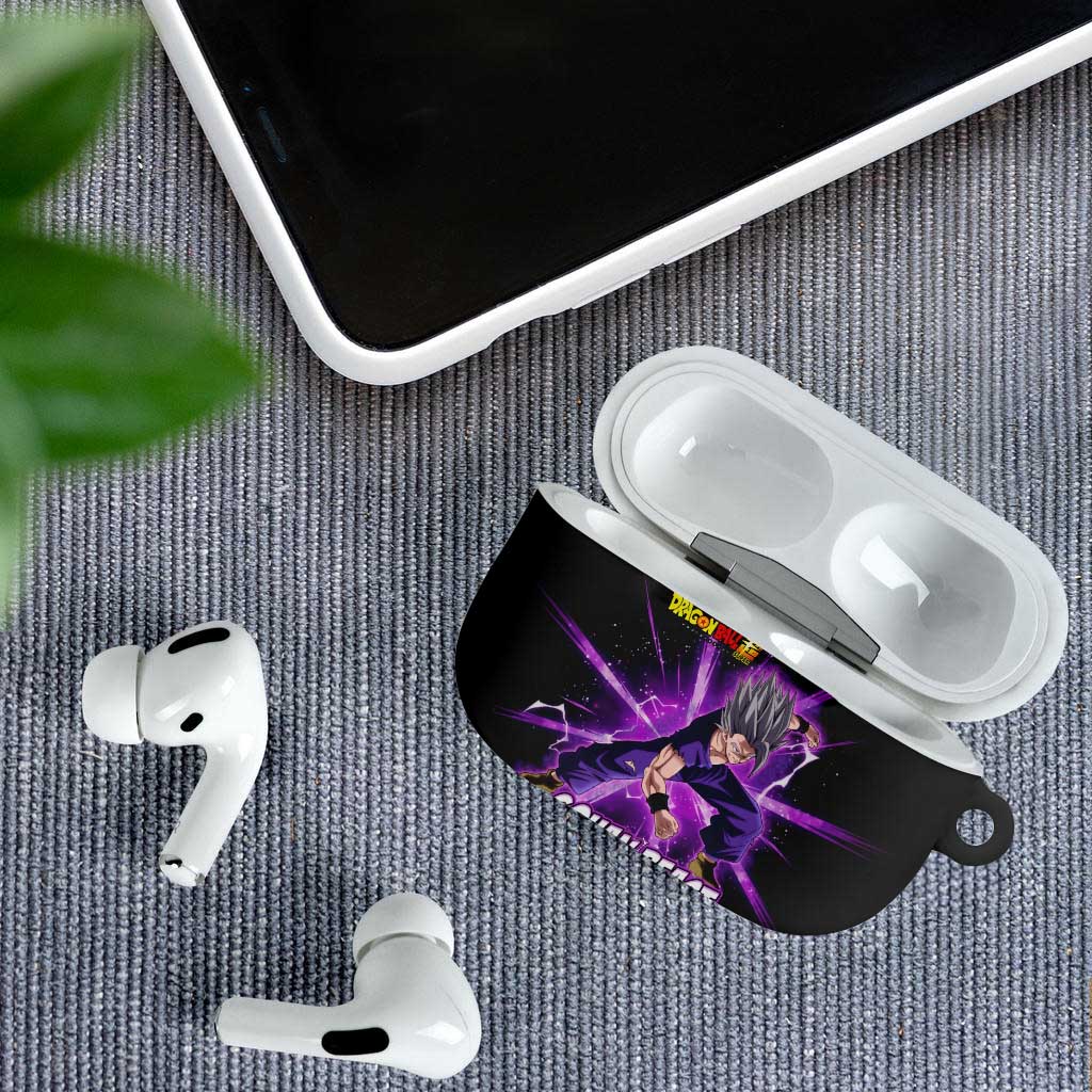 Gohan Beast Dragon Ball Super Anime Purple Lightning Aura Design AirPods Case with Dynamic Power Pose and Energy Burst Background - The Mazicc