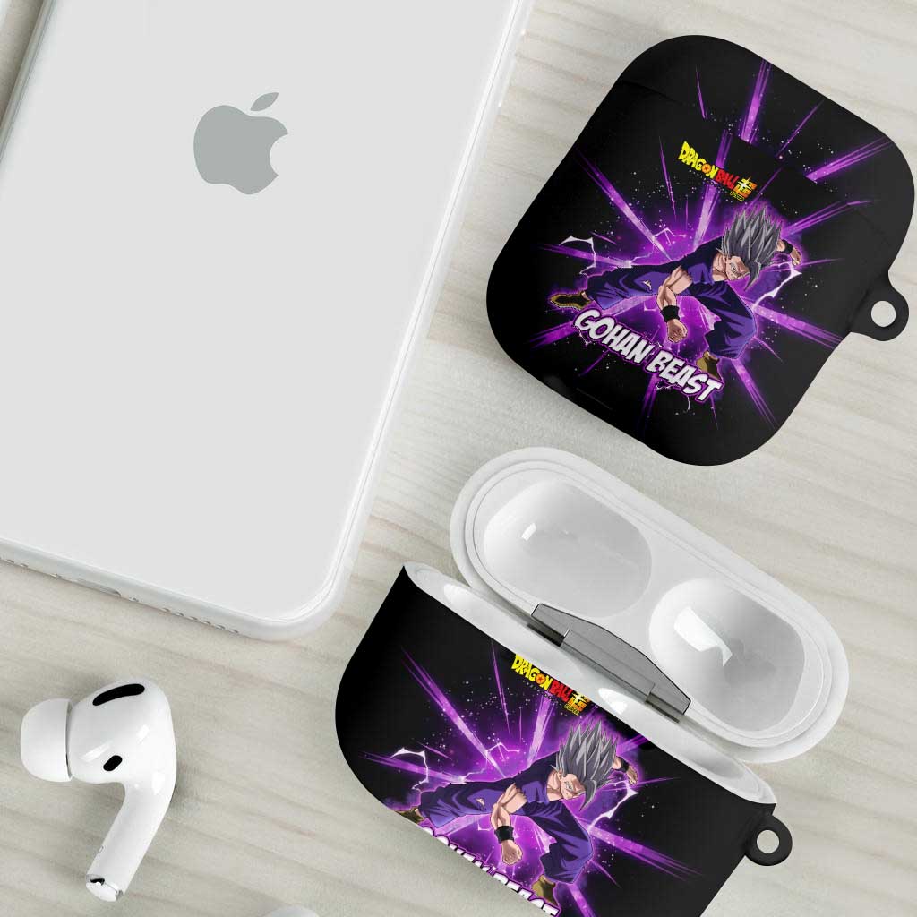Gohan Beast Dragon Ball Super Anime Purple Lightning Aura Design AirPods Case with Dynamic Power Pose and Energy Burst Background - The Mazicc