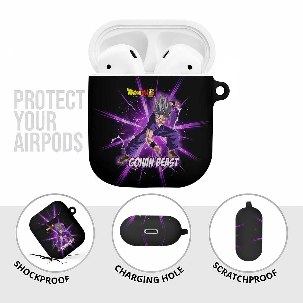 Gohan Beast Dragon Ball Super Anime Purple Lightning Aura Design AirPods Case with Dynamic Power Pose and Energy Burst Background - The Mazicc