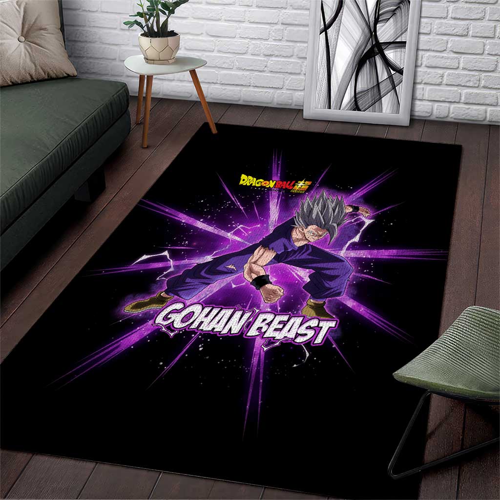 Gohan Beast Dragon Ball Super Anime Purple Lightning Aura Design Area Rug with Dynamic Power Pose and Energy Burst Background - The Mazicc