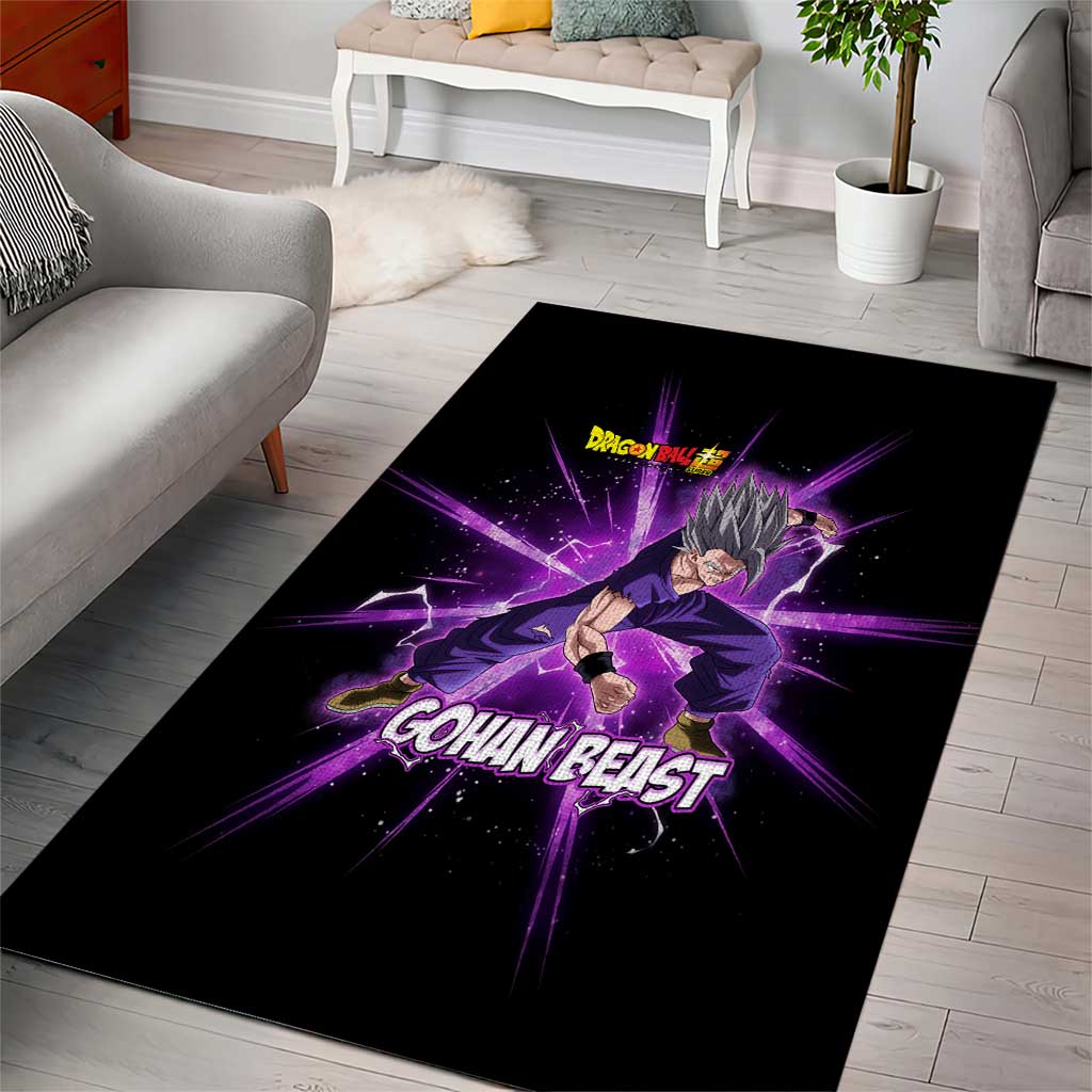 Gohan Beast Dragon Ball Super Anime Purple Lightning Aura Design Area Rug with Dynamic Power Pose and Energy Burst Background - The Mazicc
