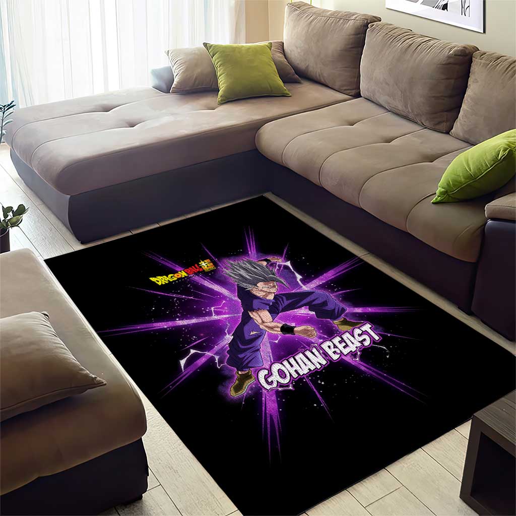 Gohan Beast Dragon Ball Super Anime Purple Lightning Aura Design Area Rug with Dynamic Power Pose and Energy Burst Background - The Mazicc