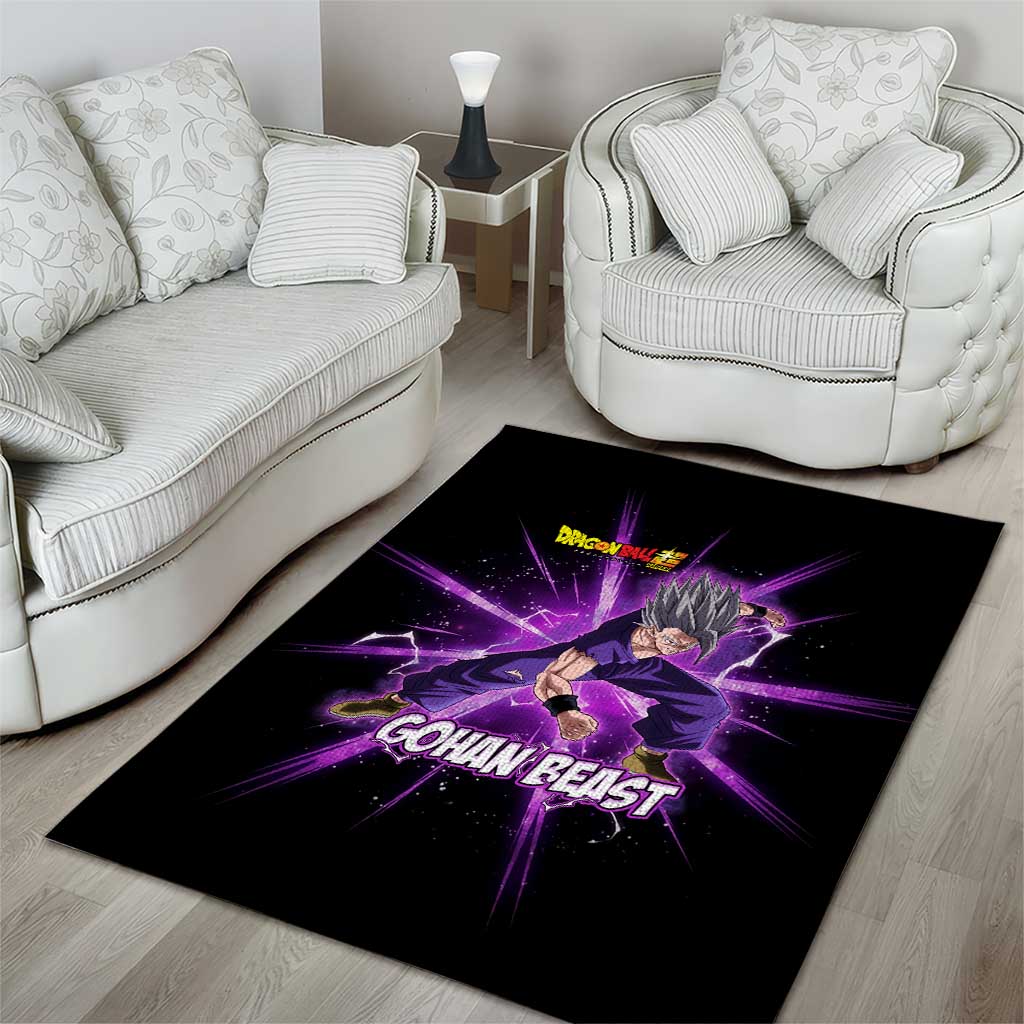 Gohan Beast Dragon Ball Super Anime Purple Lightning Aura Design Area Rug with Dynamic Power Pose and Energy Burst Background - The Mazicc