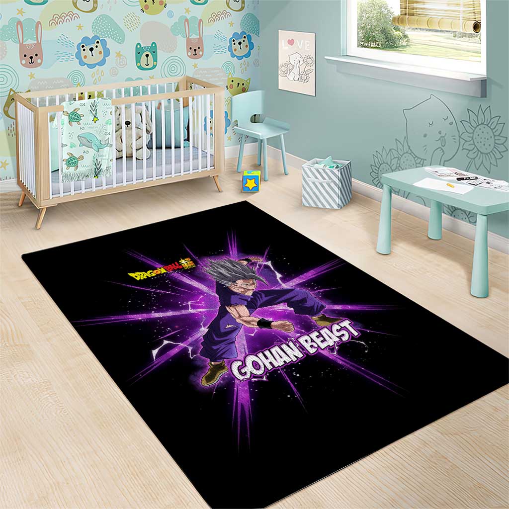 Gohan Beast Dragon Ball Super Anime Purple Lightning Aura Design Area Rug with Dynamic Power Pose and Energy Burst Background - The Mazicc
