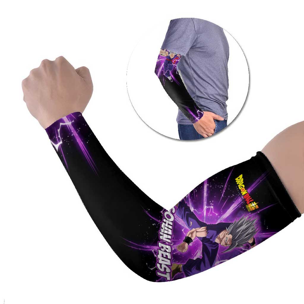 Gohan Beast Dragon Ball Super Anime Purple Lightning Aura Design Arm Sleeves with Dynamic Power Pose and Energy Burst Background - The Mazicc