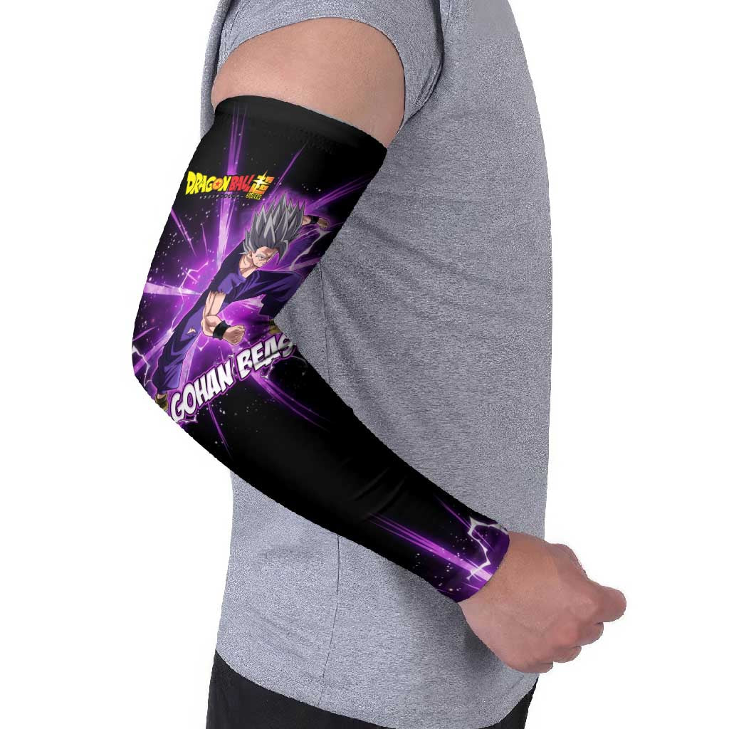 Gohan Beast Dragon Ball Super Anime Purple Lightning Aura Design Arm Sleeves with Dynamic Power Pose and Energy Burst Background - The Mazicc