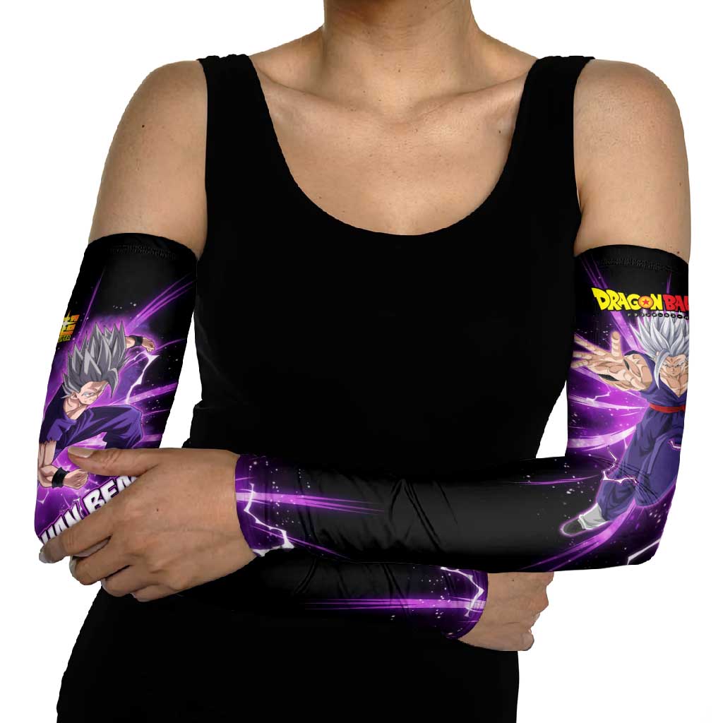 Gohan Beast Dragon Ball Super Anime Purple Lightning Aura Design Arm Sleeves with Dynamic Power Pose and Energy Burst Background - The Mazicc