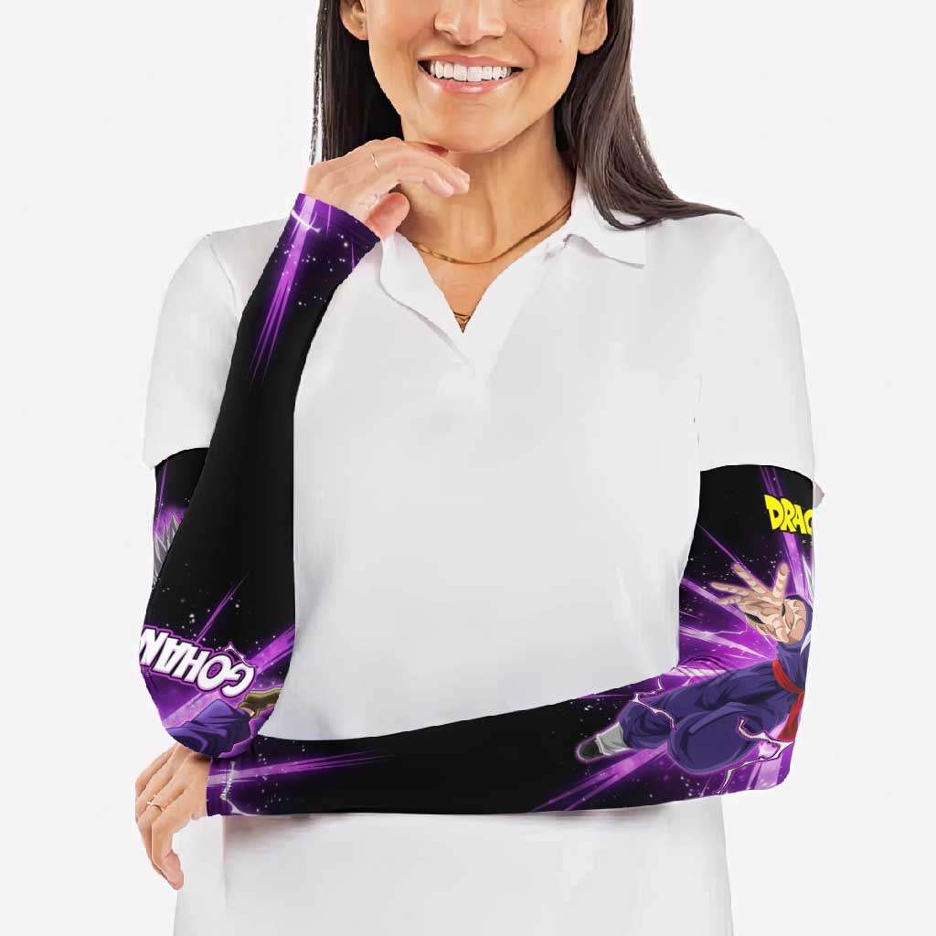 Gohan Beast Dragon Ball Super Anime Purple Lightning Aura Design Arm Sleeves with Dynamic Power Pose and Energy Burst Background - The Mazicc