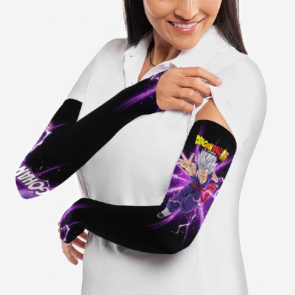 Gohan Beast Dragon Ball Super Anime Purple Lightning Aura Design Arm Sleeves with Dynamic Power Pose and Energy Burst Background - The Mazicc