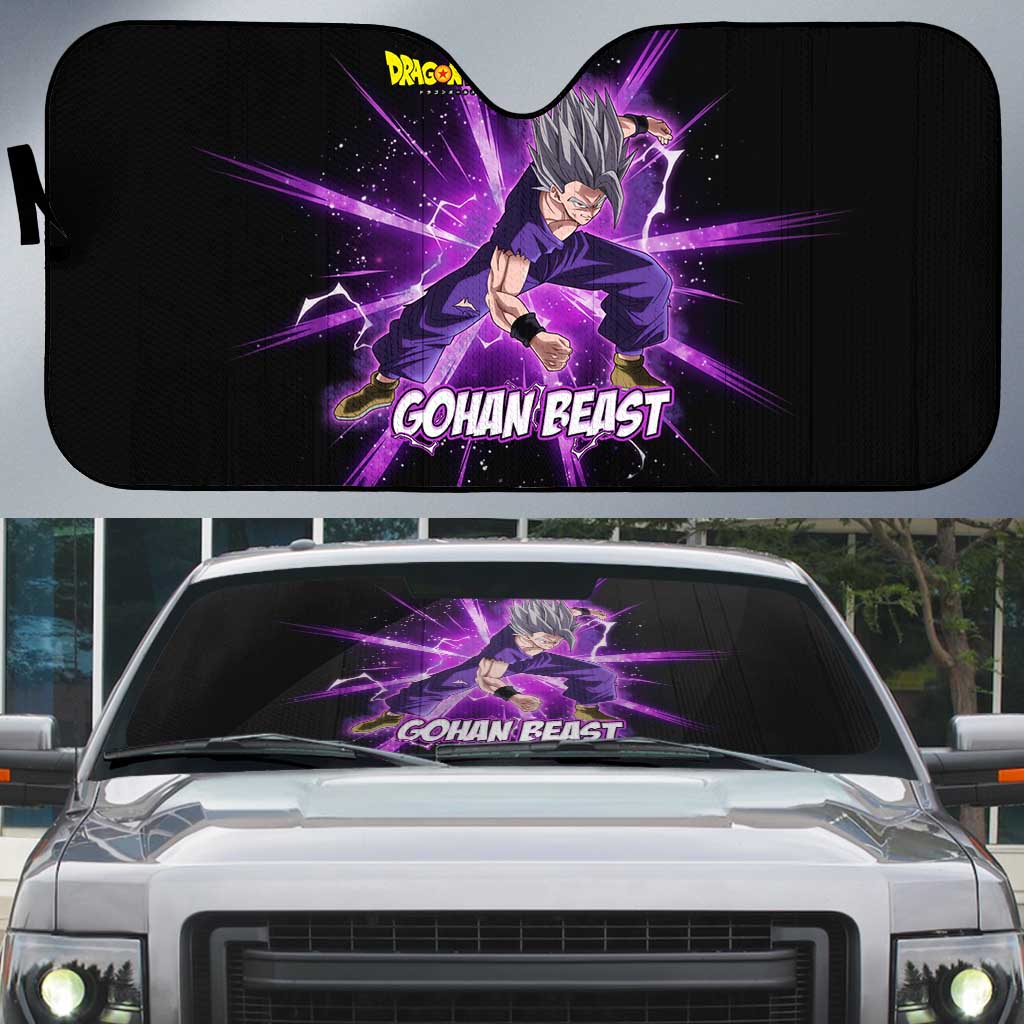 Gohan Beast Dragon Ball Super Anime Purple Lightning Aura Design Auto Sun Shade with Dynamic Power Pose and Energy Burst Background - The Mazicc