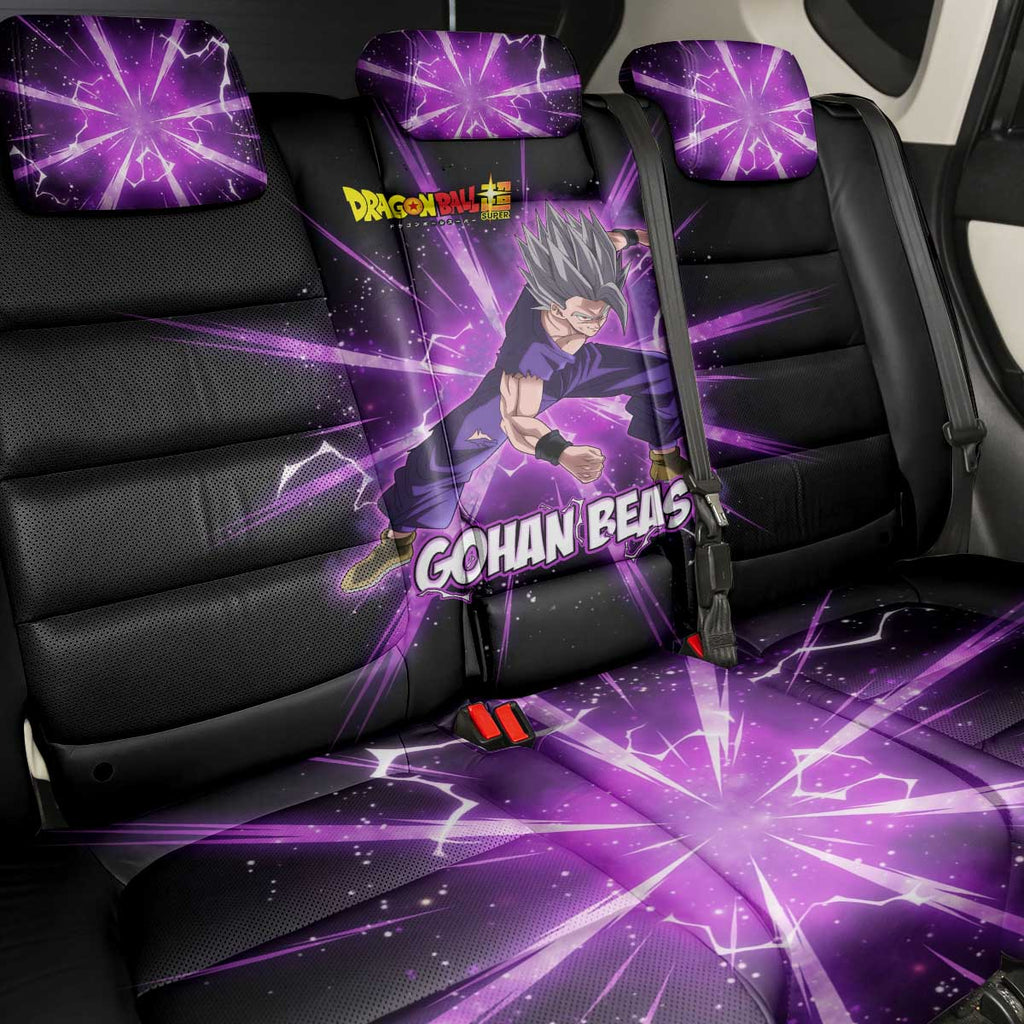 Gohan Beast Dragon Ball Super Anime Purple Lightning Aura Design Back Car Seat Cover with Dynamic Power Pose and Energy Burst Background - The Mazicc