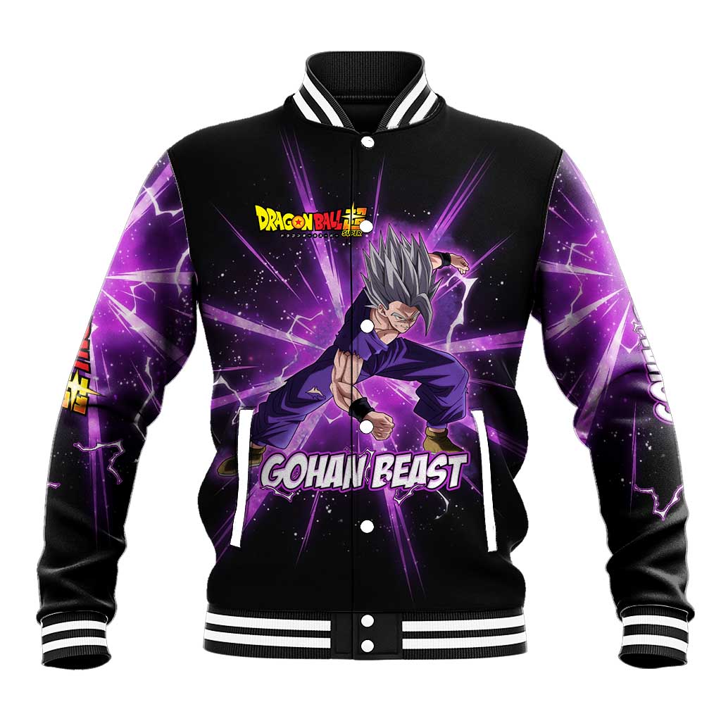 Gohan Beast Dragon Ball Super Anime Purple Lightning Aura Design Baseball Jacket with Dynamic Power Pose and Energy Burst Background - The Mazicc