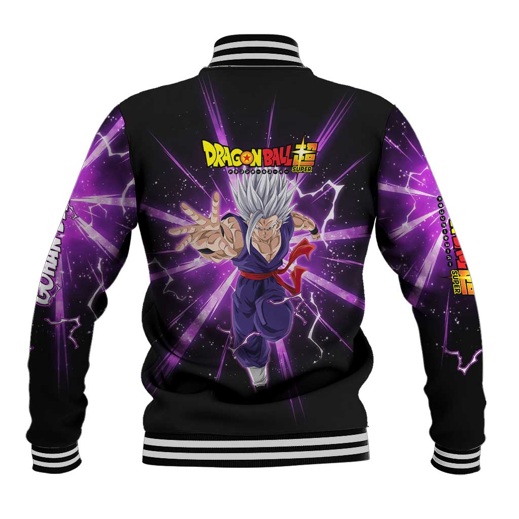 Gohan Beast Dragon Ball Super Anime Purple Lightning Aura Design Baseball Jacket with Dynamic Power Pose and Energy Burst Background - The Mazicc