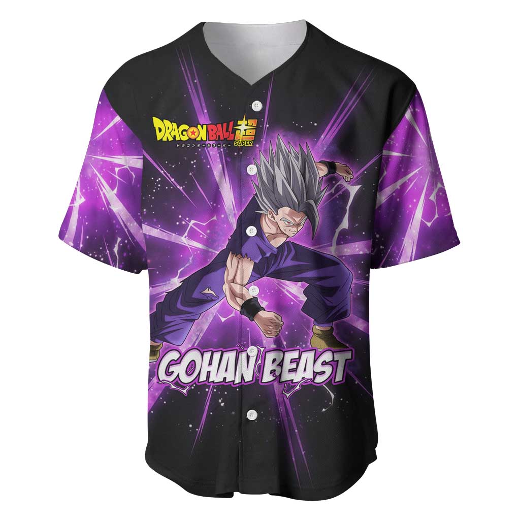 Gohan Beast Dragon Ball Super Anime Purple Lightning Aura Design Baseball Jersey with Dynamic Power Pose and Energy Burst Background - The Mazicc