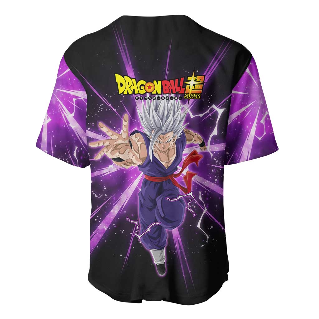 Gohan Beast Dragon Ball Super Anime Purple Lightning Aura Design Baseball Jersey with Dynamic Power Pose and Energy Burst Background - The Mazicc