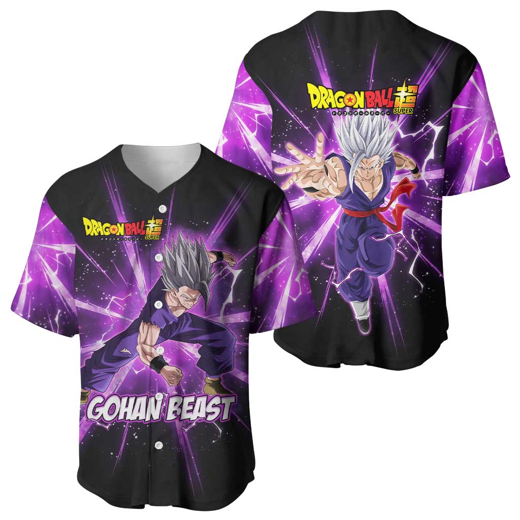 Gohan Beast Dragon Ball Super Anime Purple Lightning Aura Design Baseball Jersey with Dynamic Power Pose and Energy Burst Background - The Mazicc