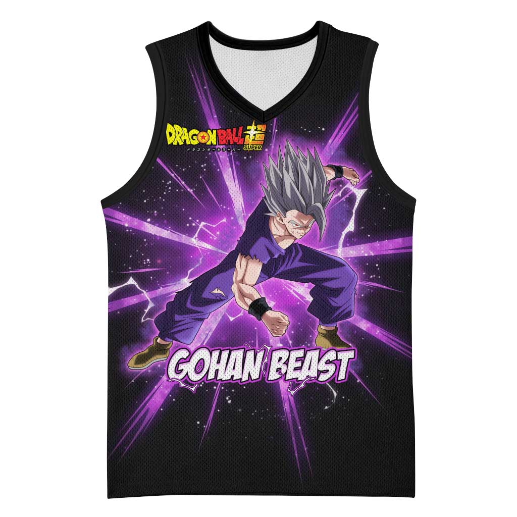 Gohan Beast Dragon Ball Super Anime Purple Lightning Aura Design Basketball Jersey with Dynamic Power Pose and Energy Burst Background - The Mazicc